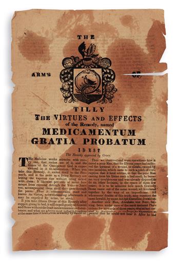 MEDICINE  PATENT MEDICINE.  Tilly, Nicolas Koning de. The Arms of Tilly.  Broadside.  Early 1800s
